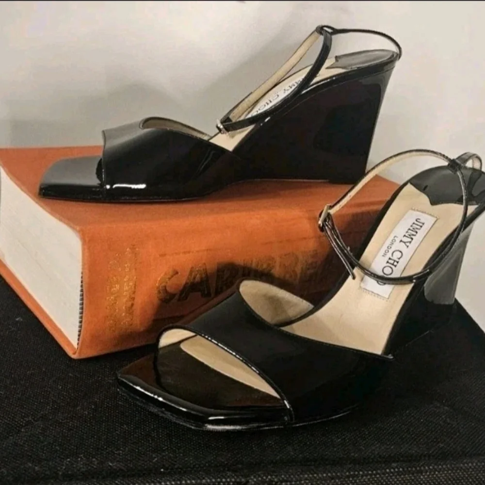 Jimmy Choo Size 38 EU 8US Brien 85 Black Patent Leather Wedge Sandals - Picture 1 of 9